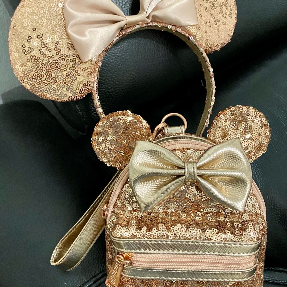 Loungefly Gold Mickey Mouse Backpack with Bow and Sequin Design